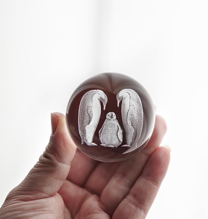 ZEERSHEE 60mm Crystal Penguins Decorative Balls 3D Laser Engraved The Penguin Family Paperweight with Stand