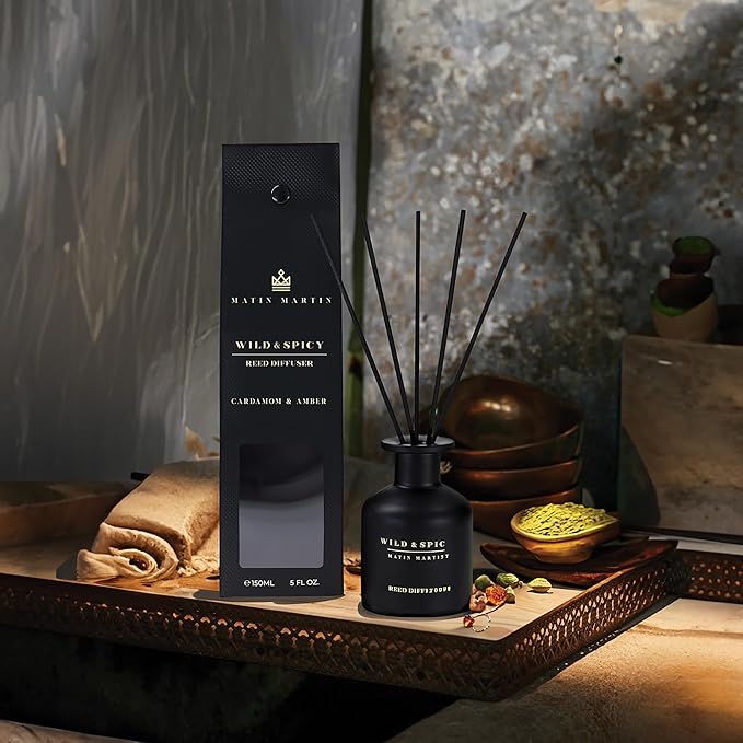 Matin Martin Wild and Spicy Reed Diffuser 5 oz - Luxury Aromatherapy with Cardamom & Amber - Home Decor Gift for Bedroom, Office, Living Room, Bathroom - Long-Lasting Scent - Premium Fragrance Sticks