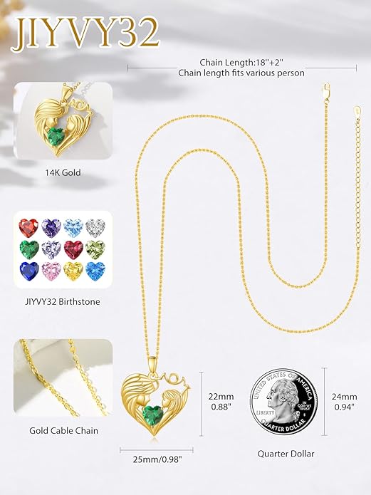 Mother and Daughter/Son Love Heart Necklace White Gold/14K Gold/Rose Gold Birthstone Jewelry Christmas Mothers Day Birthday Gifts For Mom Wife Grandma Women