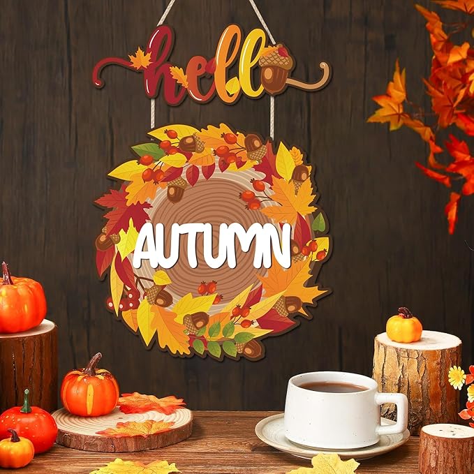 CHDITB Hello Autumn Wooden Sign, Fall Themed Wooden Hanging Plaque, Hello Fall Front Door Hanger, Maple Leaves Wall Art Sign Farmhouse Thanksgiving Living Room Bedroom Office Wall Decor