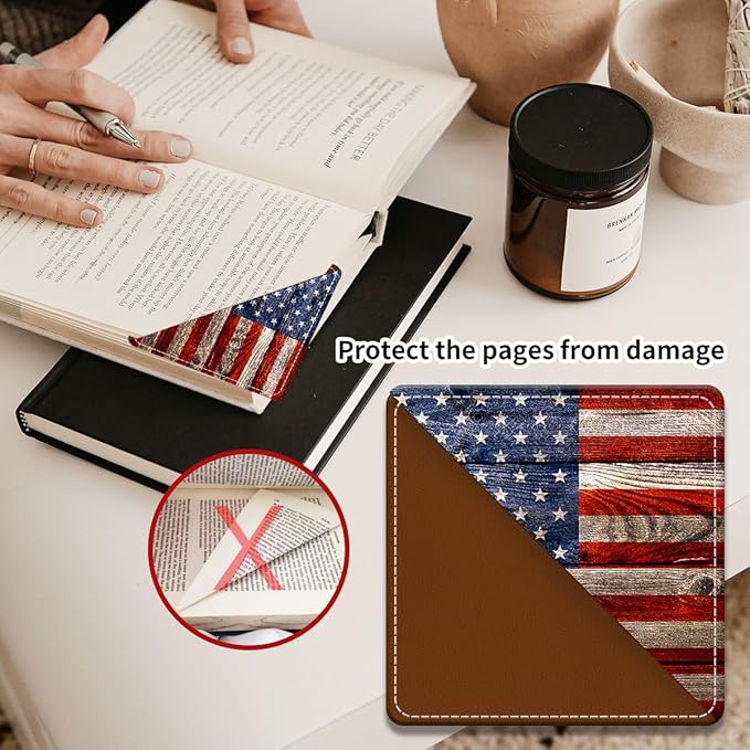 Cute Leather Bookmarks, Fun Triangle Making Corner Bookmark, Book Accessories for Reading Book Lovers, Unbreakable Page Markers for Women Men Retro Wood American Flag