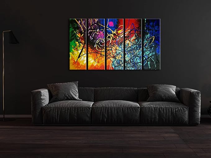 Wieco Art Colorful Abstract Heart Oil Paintings on Canvas Wall Art Ready to Hang for Living Room Bedroom Home Office Decorations Modern 5 Panel 100% Hand Painted Stretched and Framed Artwork