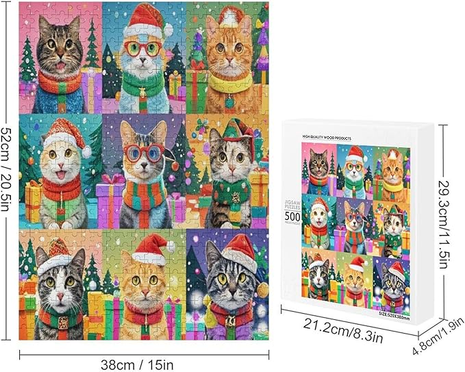 Wooden Puzzle 500 Pieces Adult - Christmas Cat Puzzle Christmas Puzzles, Holiday Puzzles, Family Toys, Party Games, Jigsaw Puzzle Challenge and Funny