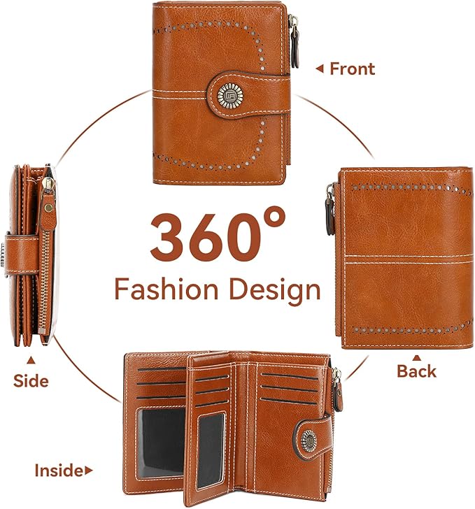 Women's Small Genuine Leather Bifold Wallet Large Capacity RFID Blocking with 16 Card Slots 2 ID Windows and Zipper Coin Pocket Pink (Brown)