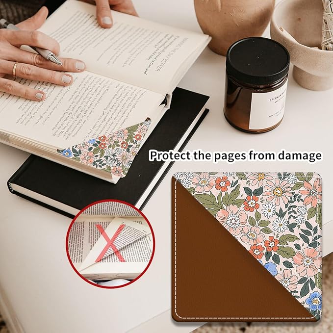Cute Leather Bookmarks, Fun Triangle Making Corner Bookmark, Book Accessories for Reading Book Lovers, Unbreakable Page Markers for Women Men Cute Colorful Flower