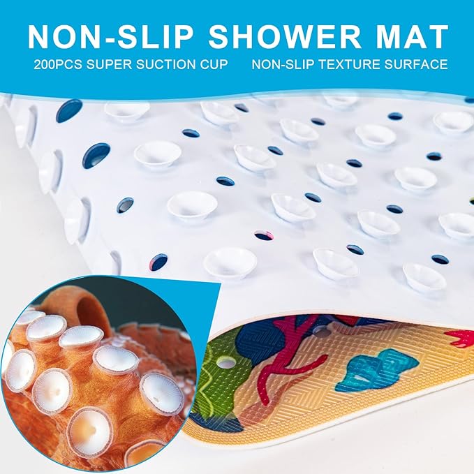 XIYUNTE Baby Bath Mat for Tub Non Slip Kids Bath Mat - 40''x16'' Extra Long Cartoon Shark Baby Bath Tub Mat Eco-Friendly Toddler Bath Mats with Suction Cups & Drain Holes, Easy to Clean & Easy Drying