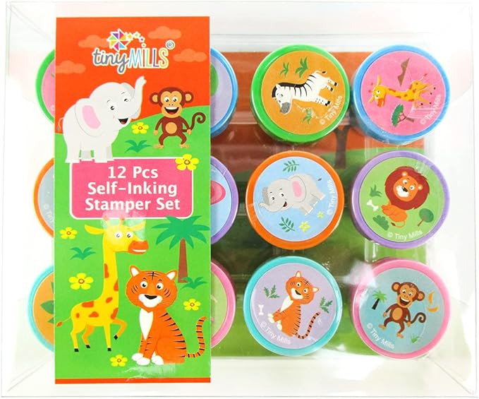 TINYMILLS 12 Pcs Safari Jungle Animals Stamp Kit for Kids Self Inking Stamps Gift Jungle Book Party Favor Bag Stuffer Teacher Stamps