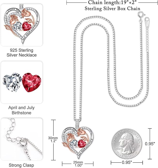 Iefil Valentines Day Gifts for Her - 925 Sterling Silver Rose Heart Birthstone Necklace Birthday Anniversary Jewelry Gifts for Her Wife Mom Daughter