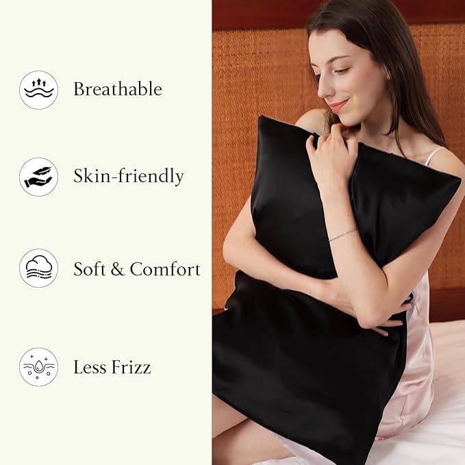 Mulberry Silk Pillowcase for Hair and Skin, Luxury Double Sided Pure Silk Pillowcase, 29x19 Inches, 1Pc (Black)