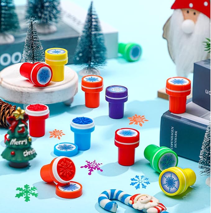 Skylety 60 Pieces Winter Snowflake Stamps for Kids Self Ink Assorted Plastic Snowflake Hand Stampers for Card Making Holiday Winter Wonderland Birthday Party Decorations Supplies(Multi Colors)