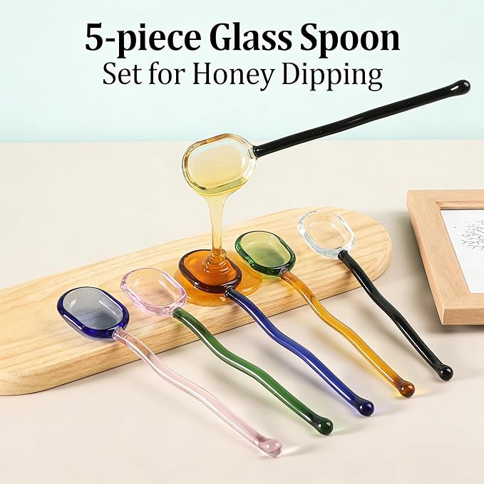 Glass Spoons 5/6 Pieces - 6.1 inch Crystal Coffee Teaspoons, Heat Resistant Long Handle Glass Drink Stirrers, Colored Translucent Spoons for Tea, Sugar, Yogurt, Dessert, Soup, Home Bar Party (5)