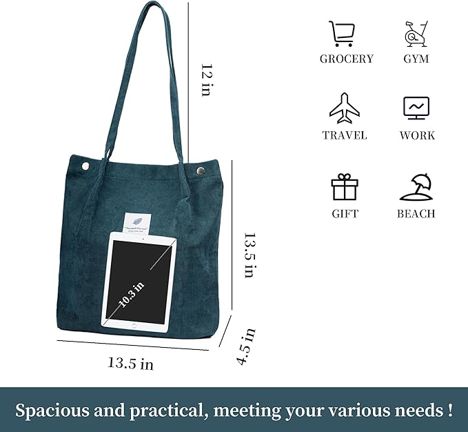 Corduroy Tote Bag Cute Tote Bags for Women Shoulder Bag with Inner Pocket for Work Beach Travel and Shopping Grocery