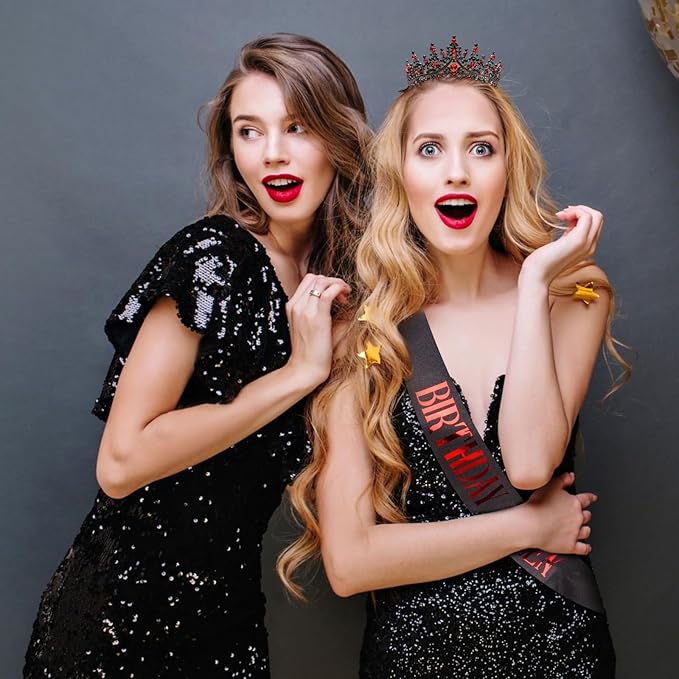 COCIDE Black Red Birthday Queen Sash for Women Happy Birthday Crowns Princess Tiaras Sashes for Girl Crystal Party Decorations Rhinestone Headband Supplies Decor