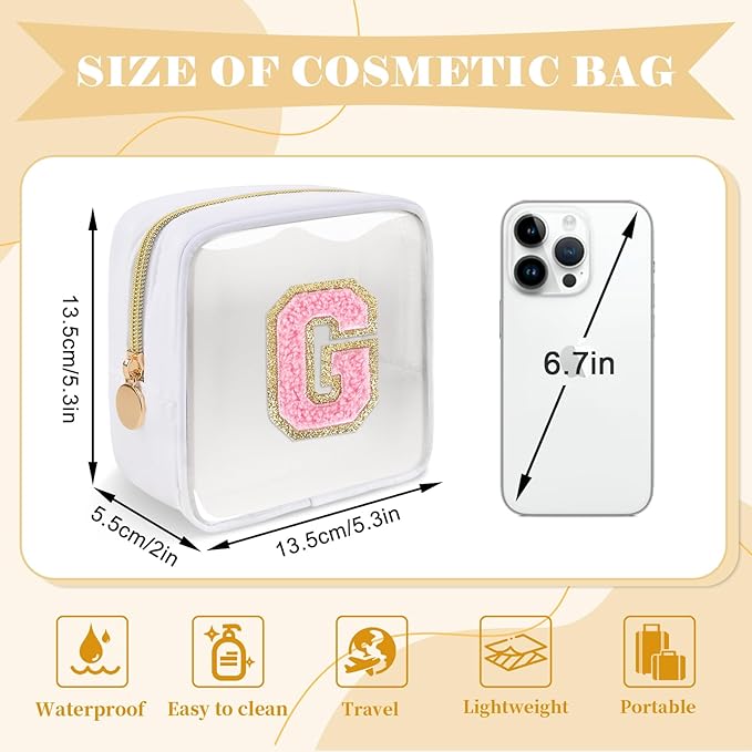 Personalized Initial Letter Clear Preppy Makeup Bag,Mini Nylon Chenille Letter Cosmetic Bag Cute Zipper Pouch Purse for Teen Girls,Portable TSA Approved Beach Travel Essentials Bag Gift for Women,G