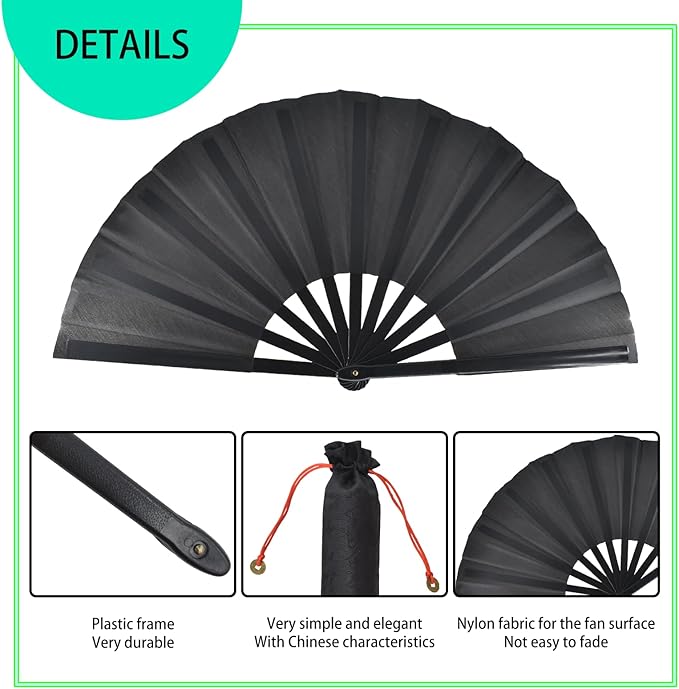2pcs Large Black Folding Fans Handheld Nylon Cloth Classical Fans with Holder Sleeve Chinese Kung Fu Fan for Festival Performance Dance Decorations Gifts