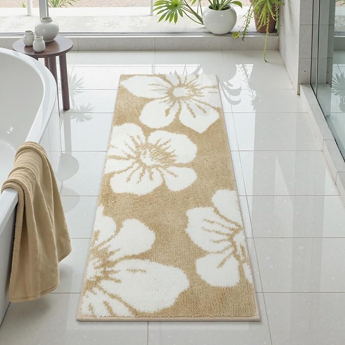 Uphome Bathroom Runner Rug, 18x47 Modern Floral Long Bath Mat Non Slip, Soft Machine Washable Absorbent Quick Dry Bathroom Mat for Tub, Shower, Floor (Beige)