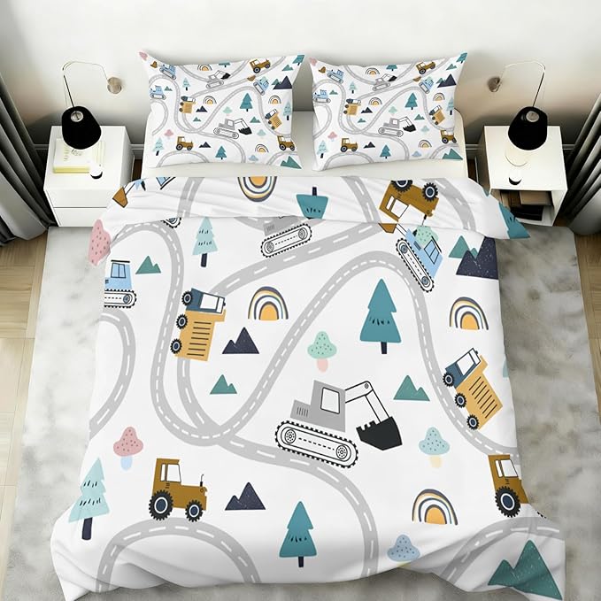 Cartoon Excavator Bulldozer Bedding Set King Size Construction Vehicles Duvet Cover Road Forest Comforter Cover Kids Engineerin Comforter Set with Pillowcases for Bedroom