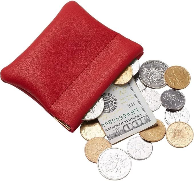 Squeeze Coin Purse Genuine Leather Wallet Compact Change Holder Travel Pouch for Women Gift Box (Red)