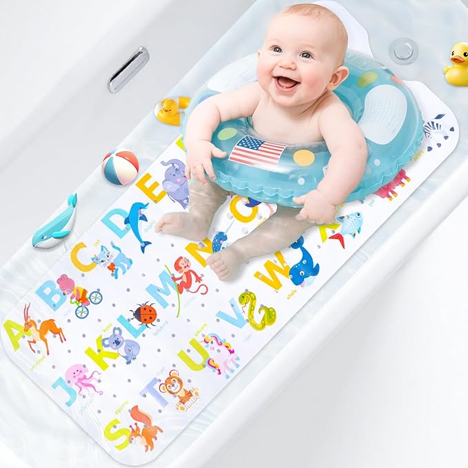 Kids Bath Mat with Ocean Theme Design, 40x16 inches, Non-Slip with 200 Suction Cups, Cartoon Sea Animals Pattern (Letter+Animal, 40 * 16in)