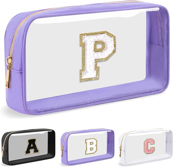 Personalized Initial Letter Clear Makeup Bag,Preppy Small Nylon&PVC Cosmetic Zipper Bag with Chenille Letter,Travel Skincare Toiletry Bag,Monogram Christmas Gift for Teen Girls Women,P