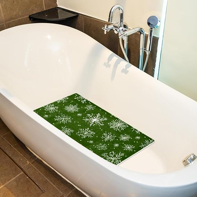 Bathtub Mats for Shower Tub, Christmas White Snowflakes Green Pattern Anti-Slip Bath Mats for Inside Tub, Bathroom Shower Mats with Drain Holes and Suction Cups