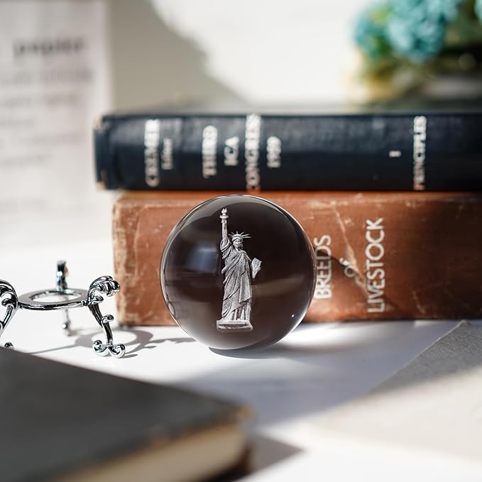 ZEERSHEE 4th of July Decoration 2.3in 3D Laser Statue of Liberty Crystal Ball Paperweight with Stand New York Souvenirs Gifts for Women Men Friends