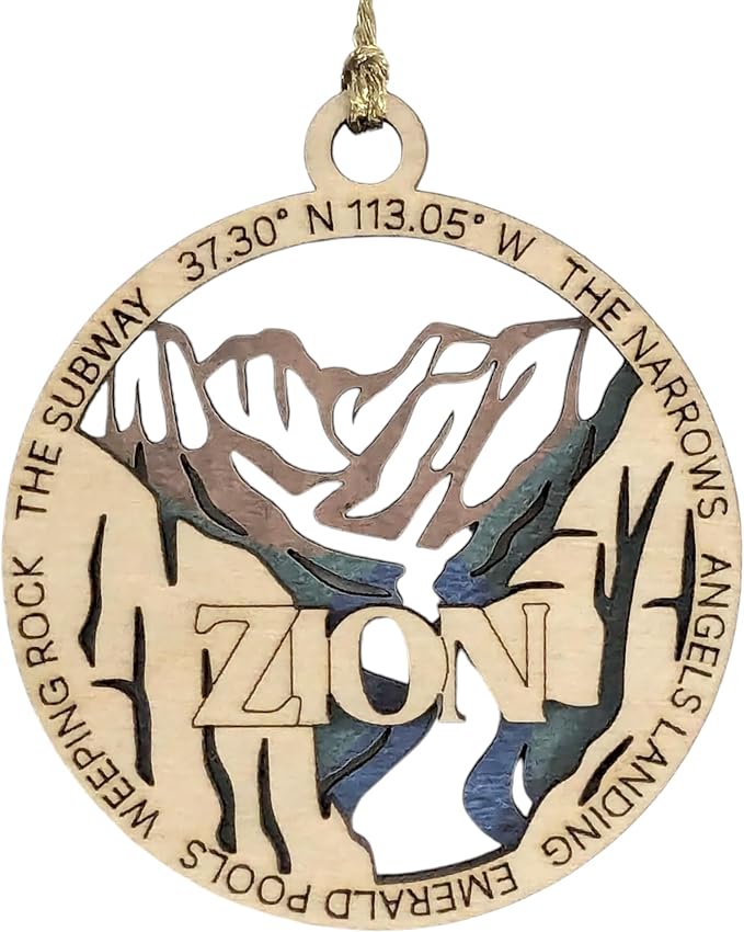 Zion National Park Natural Wood Ornament - 3" Laser Cut, 2 Layer Design, Handmade USA, Christmas Tree Decor, Scenic Landscape Souvenir