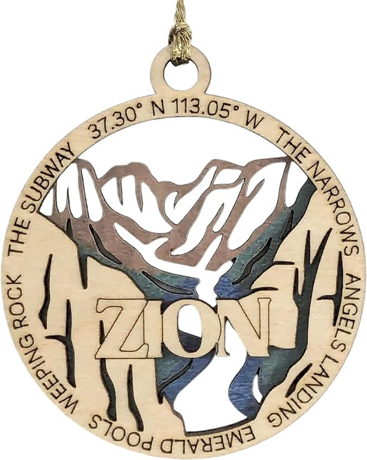 Zion National Park Natural Wood Ornament - 3" Laser Cut, 2 Layer Design, Handmade USA, Christmas Tree Decor, Scenic Landscape Souvenir