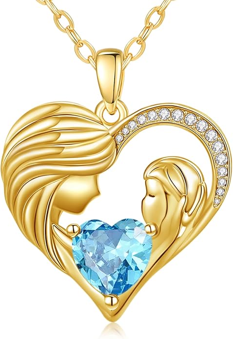 Mother and Daughter/Son Love Heart Necklace White Gold/14K Gold/Rose Gold Birthstone Jewelry Christmas Mothers Day Birthday Gifts For Mom Wife Grandma Women