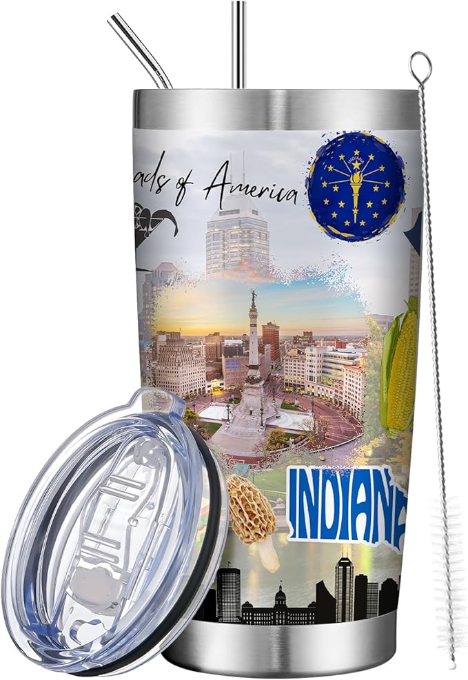 20oz Insulated Tumbler Indiana State Coffee Mug, United States Map Travel Mug Landmark, Birthday Gifts Cute Custom Tumbler Cups with Lid and Straw Mothers Day Gifts
