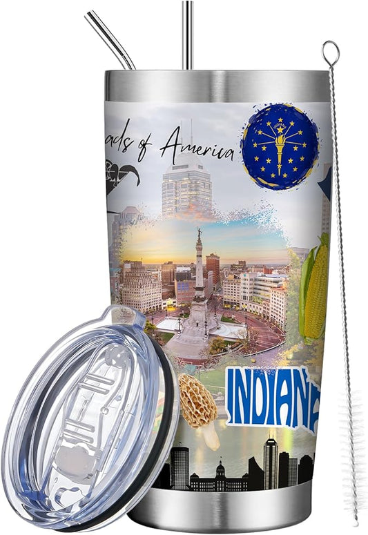 20oz Insulated Tumbler Indiana State Coffee Mug, United States Map Travel Mug Landmark, Birthday Gifts Cute Custom Tumbler Cups with Lid and Straw Mothers Day Gifts