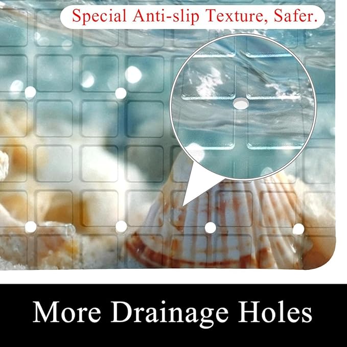 Bathtub Mats for Shower Tub, Starfish and Seashells in Blue Sea Water Ocean Background Anti-Slip Bath Mats for Inside Tub, Bathroom Shower Mats with Drain Holes and Suction Cups
