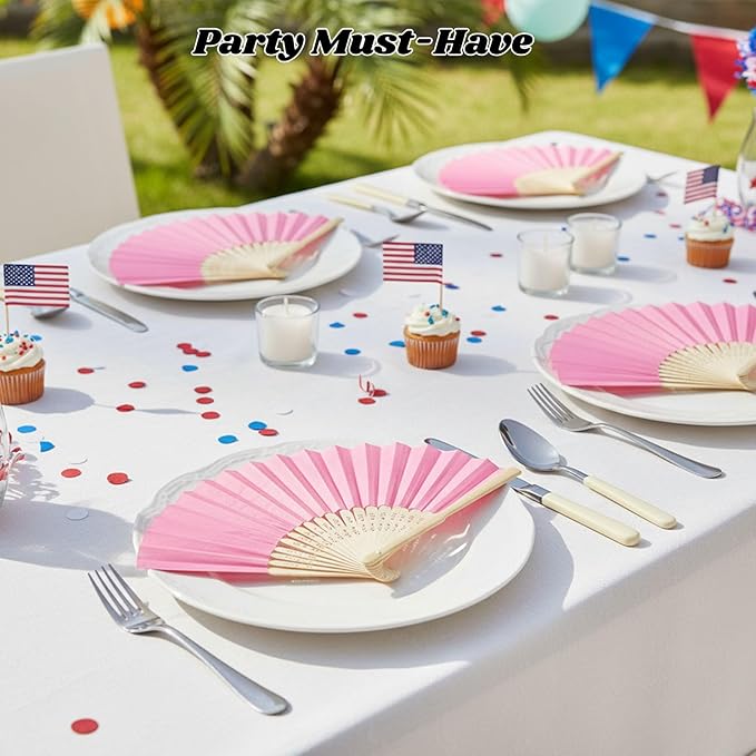 JOHOUSE 12 PCS Paper Folding Hand Fans, 8.3 Inch Pink Paper Fans Handheld Portable for Wedding, Party Favors, Bridal Baby Shower DIY Crafts Pink Party Decorations Valentine's day gifts for class