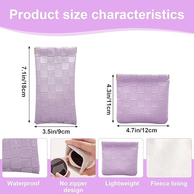 4PCS Small Makeup Bag for Purse, Mini Leather Pocket Cosmetic Bag for Women, Waterproof Portable Makeup Pouch No Zipper Coin Purse Lipstick Bag Accessories, Checkered Travel Storage Bag(White,Purple)