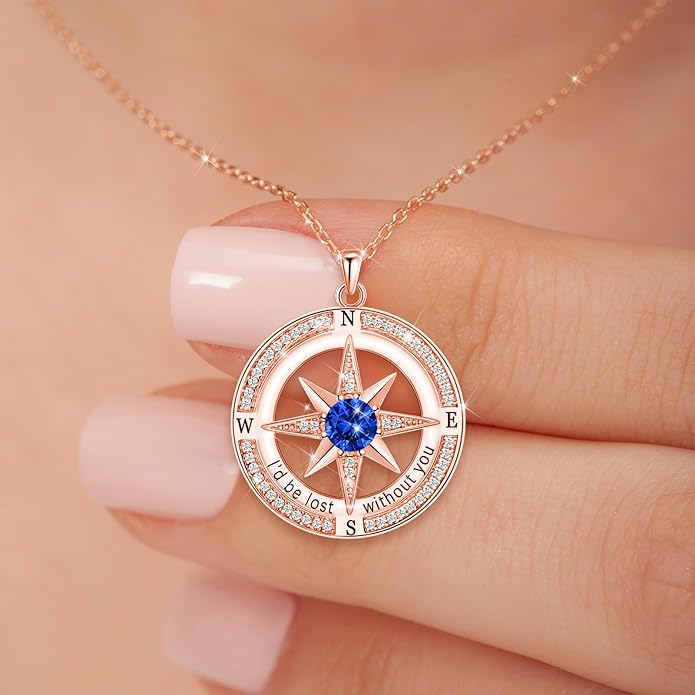 S925 Necklace Birthstone Compass Gift for Women Jewelry Sterling Silver Necklace for Wife Wedding Anniversary Girlfriend Birthday Gifts for Her Valentines Day Mom Mothers Day