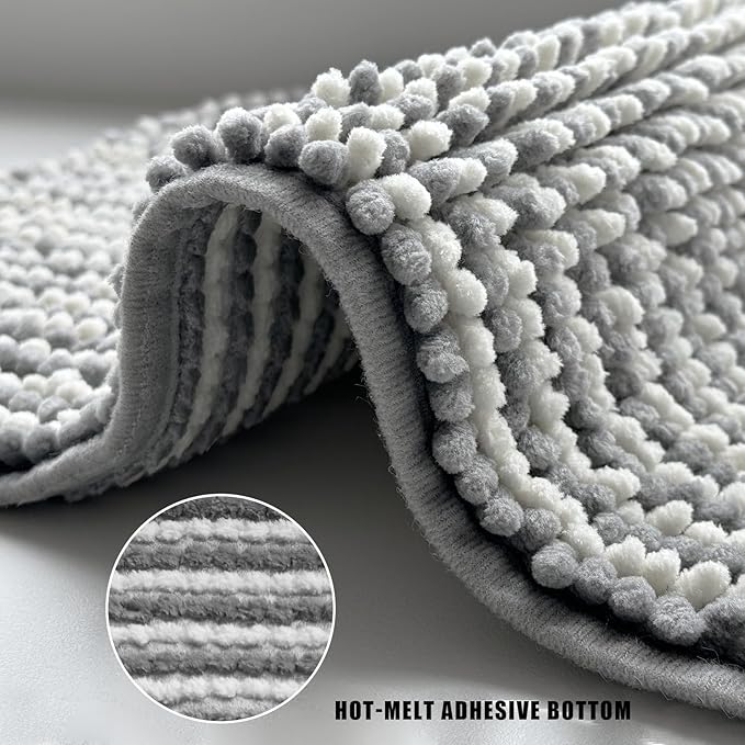 HDFK Bath Mat & Bathroom Rug - Slim Chenille Shower Carpet, Ultra Soft Non-Slip with Odorless Hot Melt Base, Machine Washable Medium-Height Striped Design for Bathtub Floor (36x24 Inch, Gray & White)