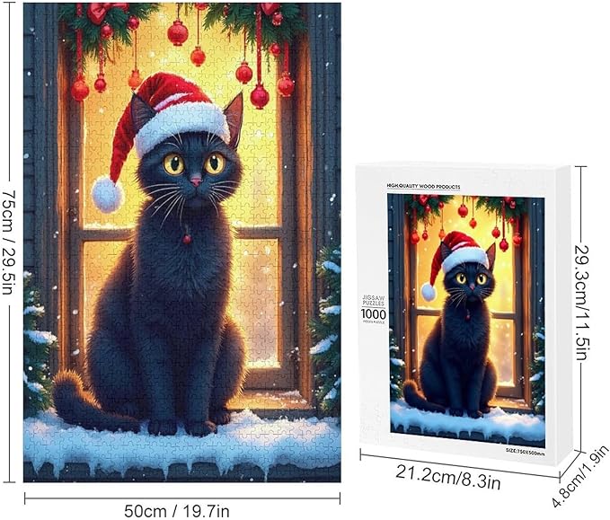Jigsaw Puzzles for Adults 1000 Piece - Christmas Black Cat Wooden Puzzles, Funny Puzzles，Unique Gifts for Wall Art，Family Puzzles，Educational Games，Challenge Puzzles
