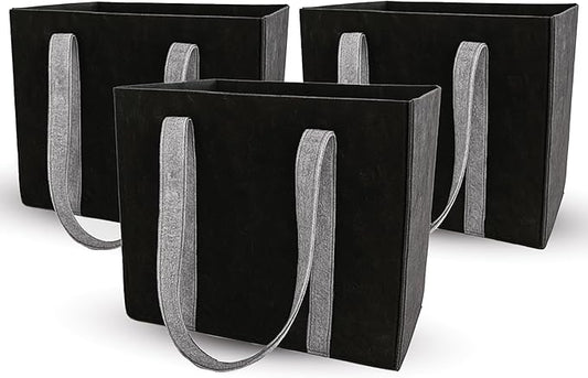 CRAFTYLINES Eco-Friendly Reusable Grocery Bags RECYCLED FROM 30 PLASTIC BOTTLES | Heavy-Duty Shopping Bags with Long Handles | Large Tote Bags, Foldable Organizer & Carry Basket For Kitchen (3 Pack)