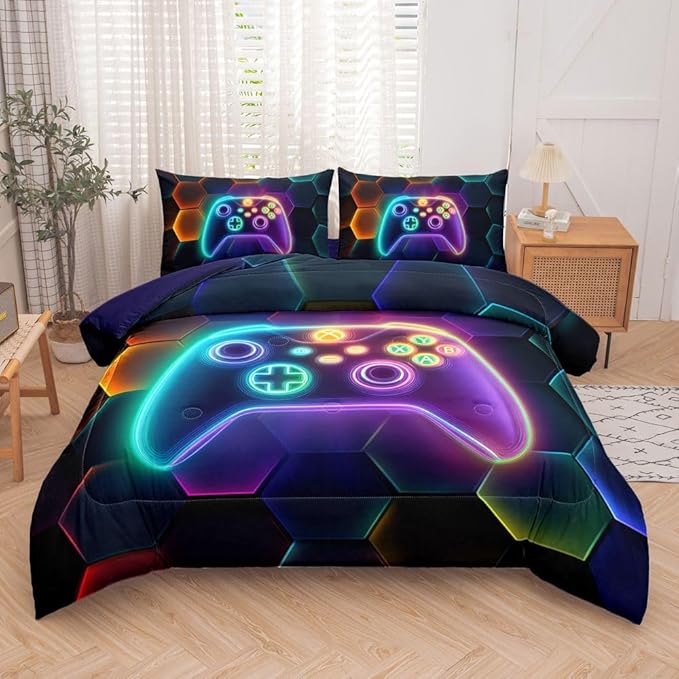 5PCS Gaming Comforter Sets Queen,Queen Comforter Set for Boys,Gaming Geometry Bed Set for Boys,Adults,Teens,All Season Use