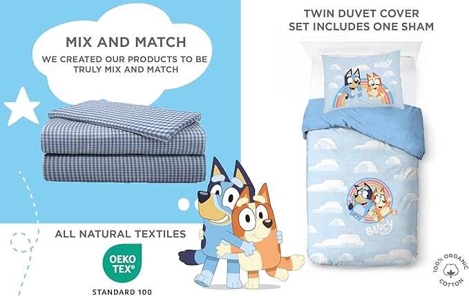 Saturday Park Bluey and Bingo Rainbow Clouds Twin Duvet Cover & Sham Set - 2 Piece 100% Organic Cotton Duvet Set - GOTS & Oeko-TEX Certified
