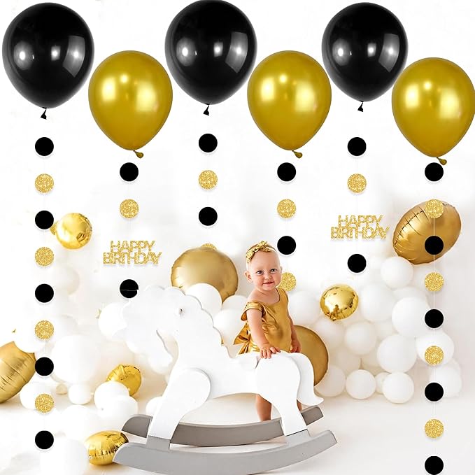 Gold and Black Happy Birthday Decorations, 6PCS Glittery Circle Dots Garland and 6PCS Gold/Black Balloons for Birthday Party Decor Balloon Tails