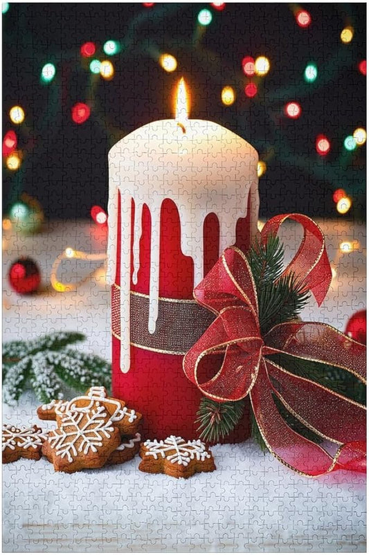 Merry Christmas, Christmas Candles Wooden Puzzle 1000 Pieces Jigsaw Puzzles for Adults Puzzle Educational Toys Challenging Fun Games Gifts for Elders Kids Family and Friends