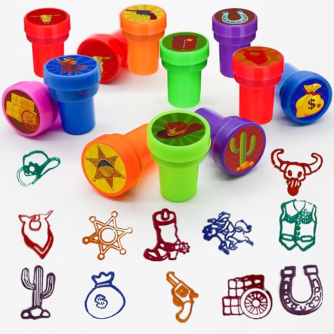Cinrobiye 24 Pcs Western Cowboy Party Stampers for Boys Girls,Wild West Birthday Party Supplies Favors, Classroom Rewards Carnival Prizes, Goodie Bag Fillers for Wild West Wooden House BarnParty
