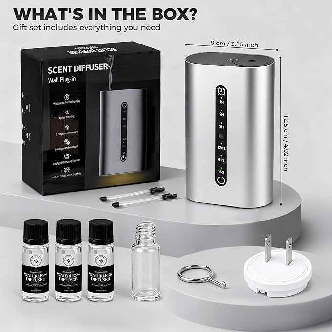 Smart Plug-in Scent Diffuser Set, Waterless Scent Diffusers Home, Cold Air Mist, Timer Control, and 3 Mist Intensity Settings, Suitable for Home, Office, and Small Spaces,White