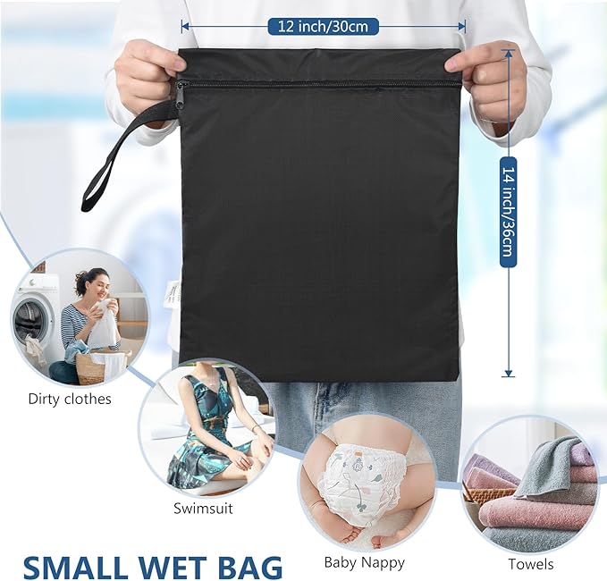 OTraki 2PCS Small Wet Bag for Swimsuit 12x14 Inch Wet Clothes Bag with Handle & Zippered Reusable Wet Dry Bag Waterproof Storage Bag for Beach Pool Yoga Gym,Drying Do Not Exceed 176℉ Black