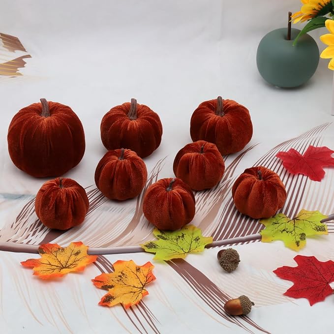 Woration 8pcs Artificial Pumpkins Halloween Decorations Velvet Fake Fabric Pumpkin Assorted Sizes Brown Fall Harvest Table Decor Farmhouse Decorations for Home