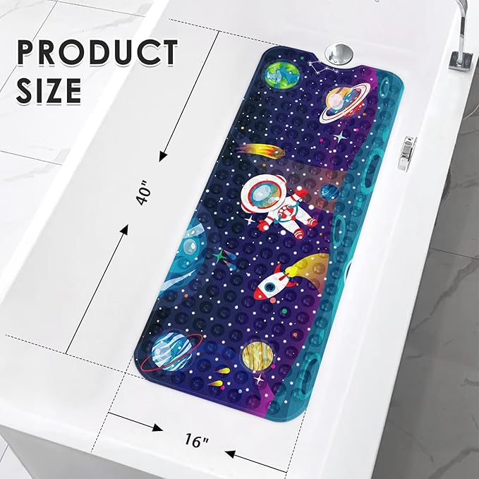 Baby Bath Mat for Tub for Kids, Space Astronaut Sun Moon 40 X 16 Inch Extra Long Toddler Bathtub Non Slip Earth World Shower Mat for Tub Anti Slip with Suction Cups and Drain Holes