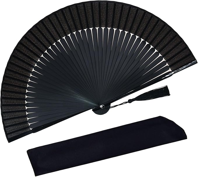 Hand Held Fan for Women Foldable, Chinese Japanese Vintage Bamboo Silk Folding Fans Hand Fan for Dance Music Festival Wedding Church Decoration (Sexy Black - Solid)