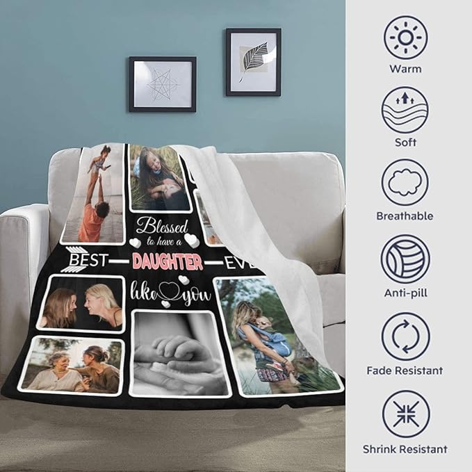 Custom Blanket Gifts for Daughter, Customized Blankets with Photos, Make a Personalized Bed Throws to My Daughter, Custom Souvenir Throw Blanket for Best Daughter Ever, 8 Collages Made in USA