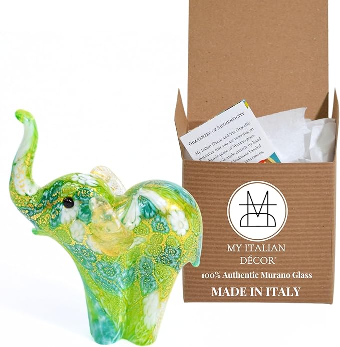 Handmade Murano Glass Elephant Figurine, Green Millefiori with 24K Gold Finish, 4" Tall, Elephant Statue Decor, Gold Elephant Statue, Home Décor Accents, Tiny Elephant Figurine, Made In Italy